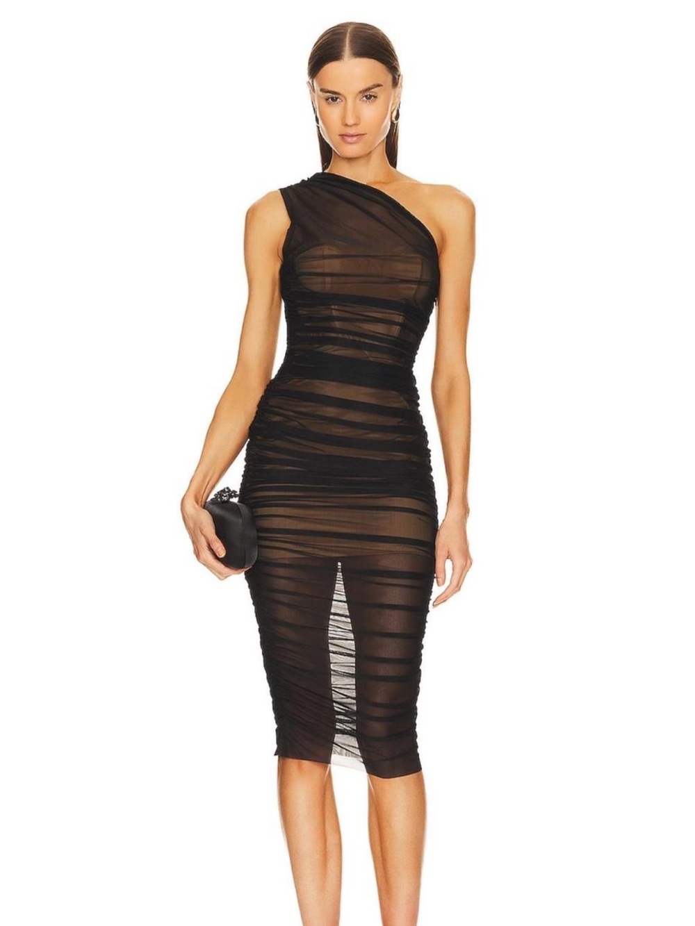 Michael Costello x Revolve Polina One Shoulder Sheer Mesh Midi Dress Black Smal
